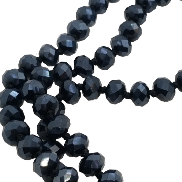 VINTAGE LONG DARK BLUE/BLACK FACETED CARNIVAL GLASS BEAD NECKLACE - Picture 4 of 4